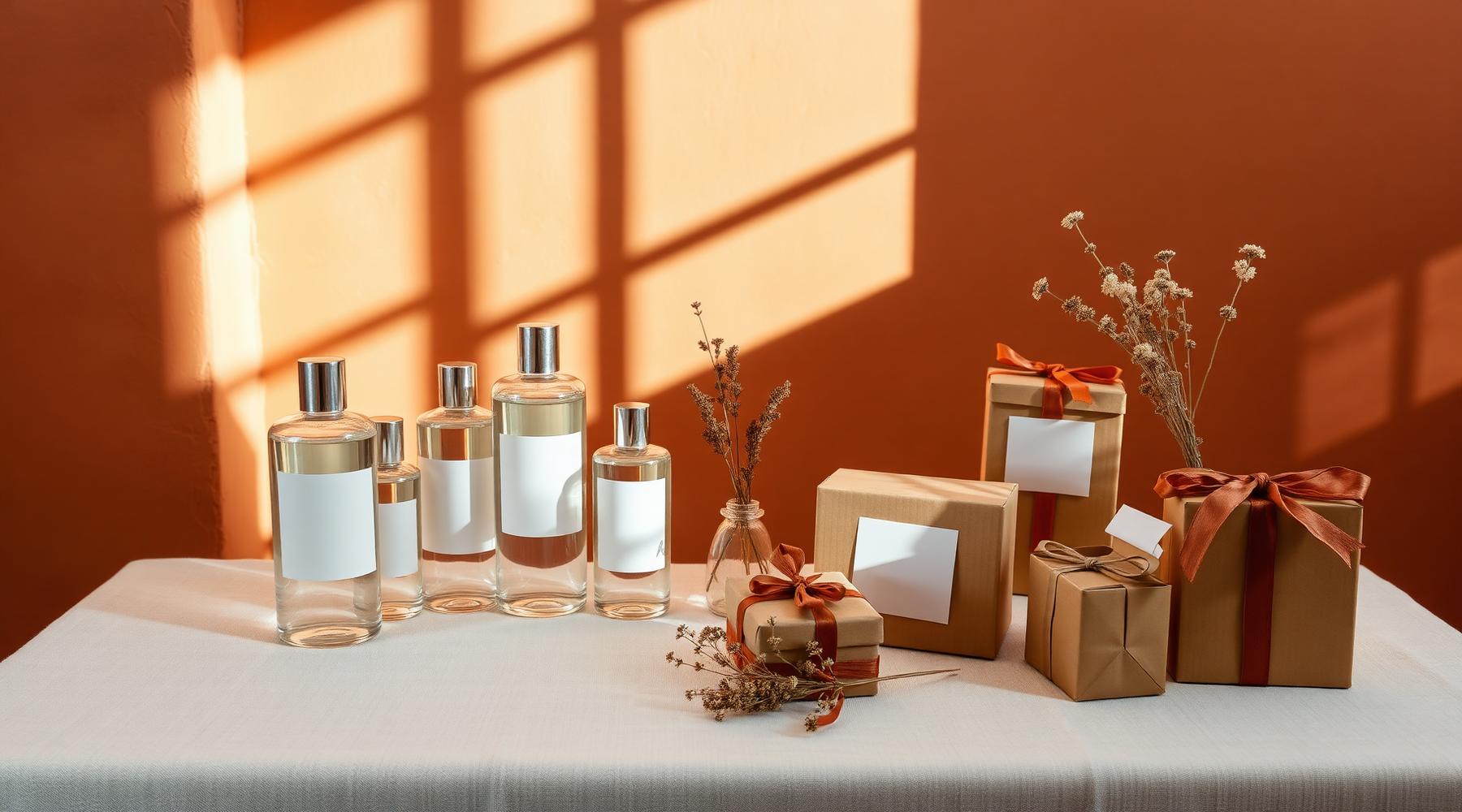 Mesa com perfumes e kits de presente da Eyribs Multimarcas